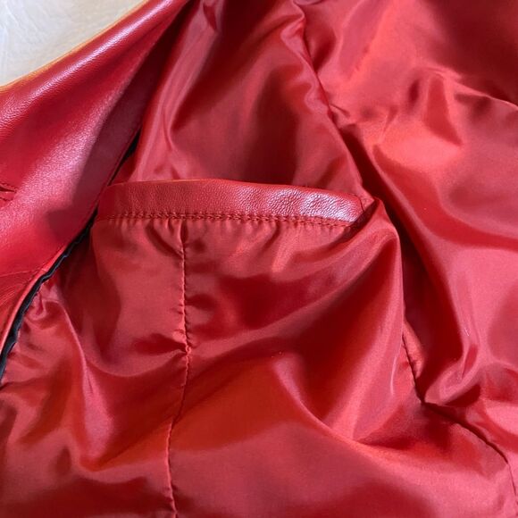 JCCOLLECTION Leather Coat German Half Trench Lined Notched Lapel Womens M Red - Picture 11 of 15